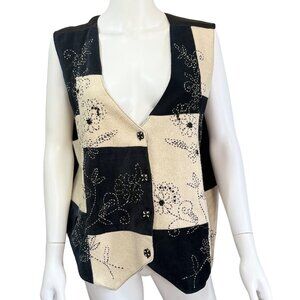Tantrums Floral Embroidered Vest Womens 1X Black/Beige Wool Blend Vintage